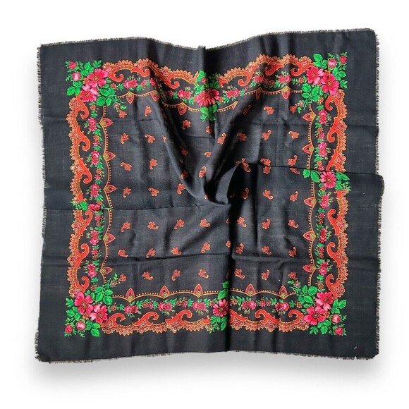 Black Vintage Square Scarf 33" x 32” Orange Women Headscarf Scarve Unisex - Picture 2 of 3